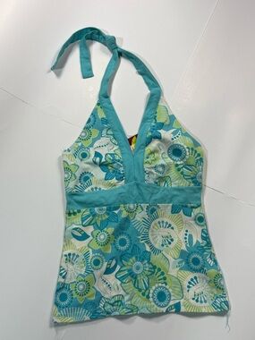 Womens Y2K VTG  Teal Floral Halter Top new old stock Sz Med.